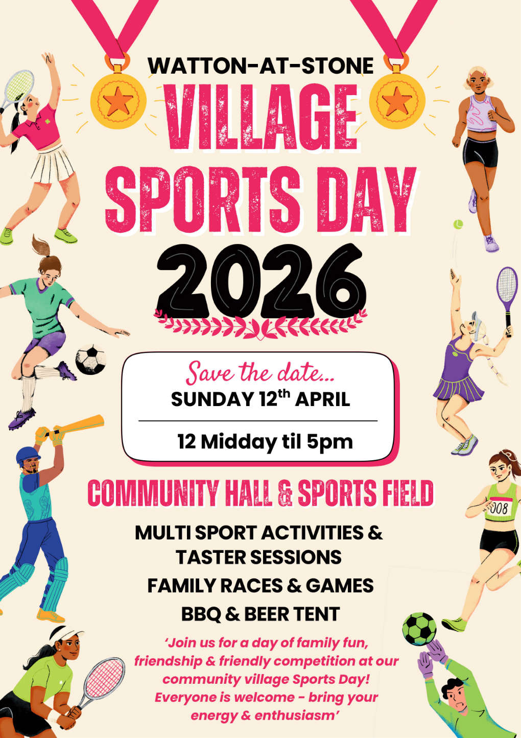 Watton at Stone Village Sports Day 2026 with children playing sports and activities.