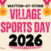 Brightly coloured poster for Watton-at-Stone Village Sports Day 2026 with athletes and medals.