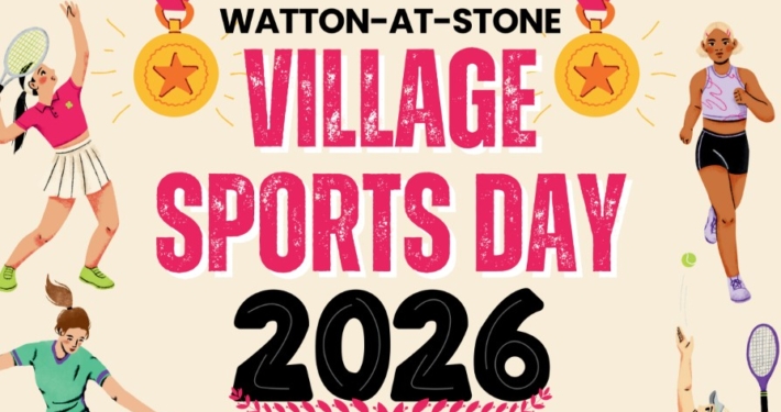 Brightly coloured poster for Watton-at-Stone Village Sports Day 2026 with athletes and medals.